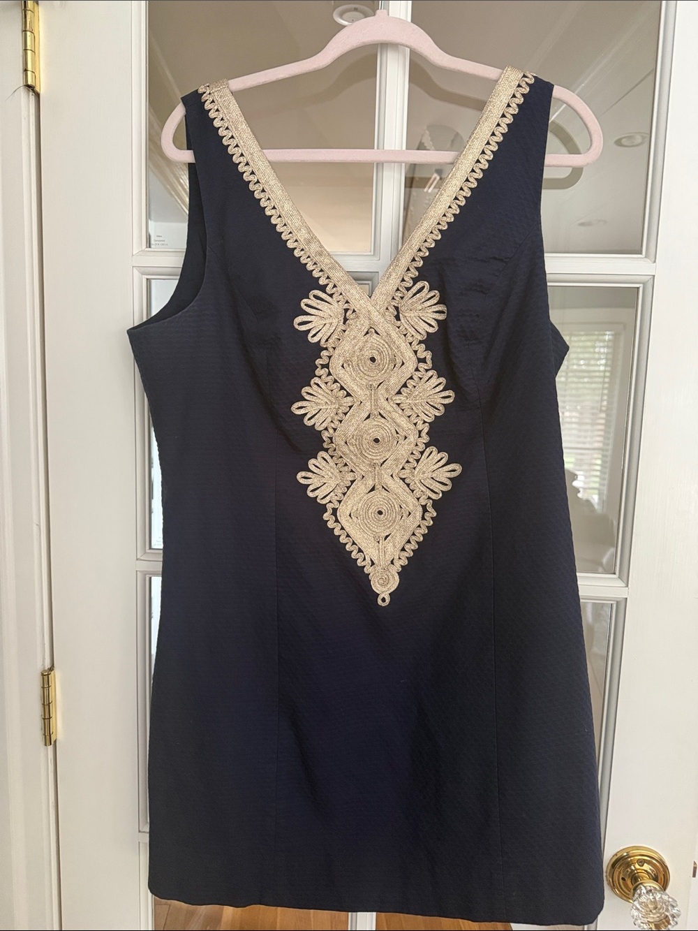 Sleeveless Navy Dress with Gold Embroidered V-Back